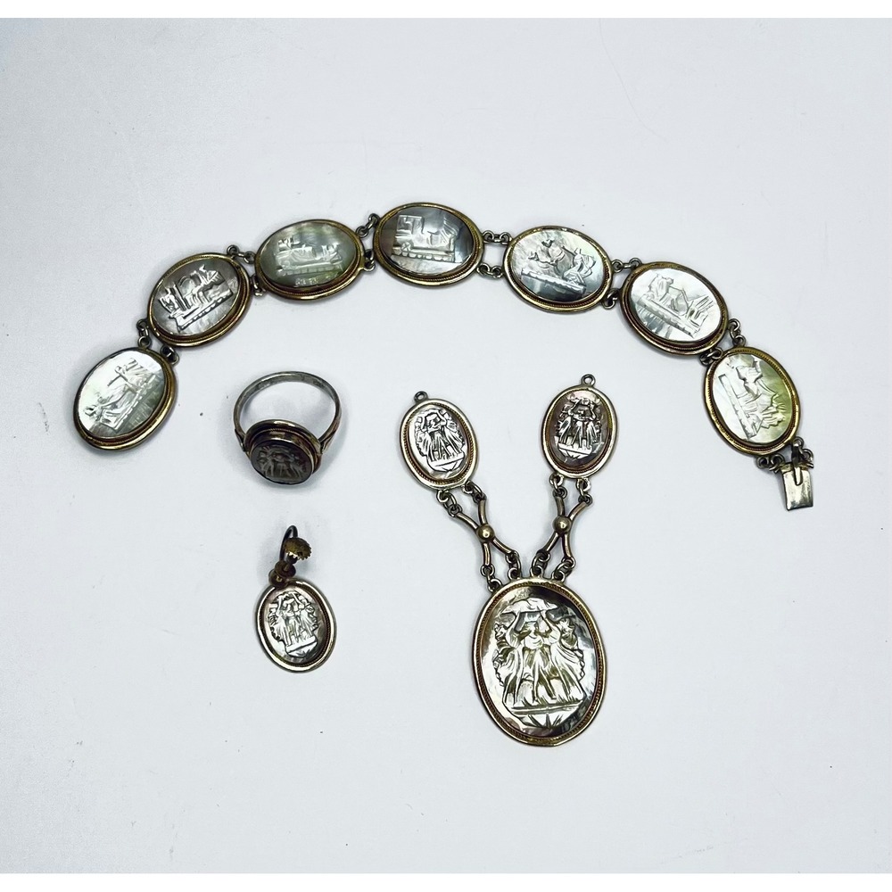 Antique Italian Cameo Jewelry Set Roman Gods Goddesses Mother of Pearl Valentine